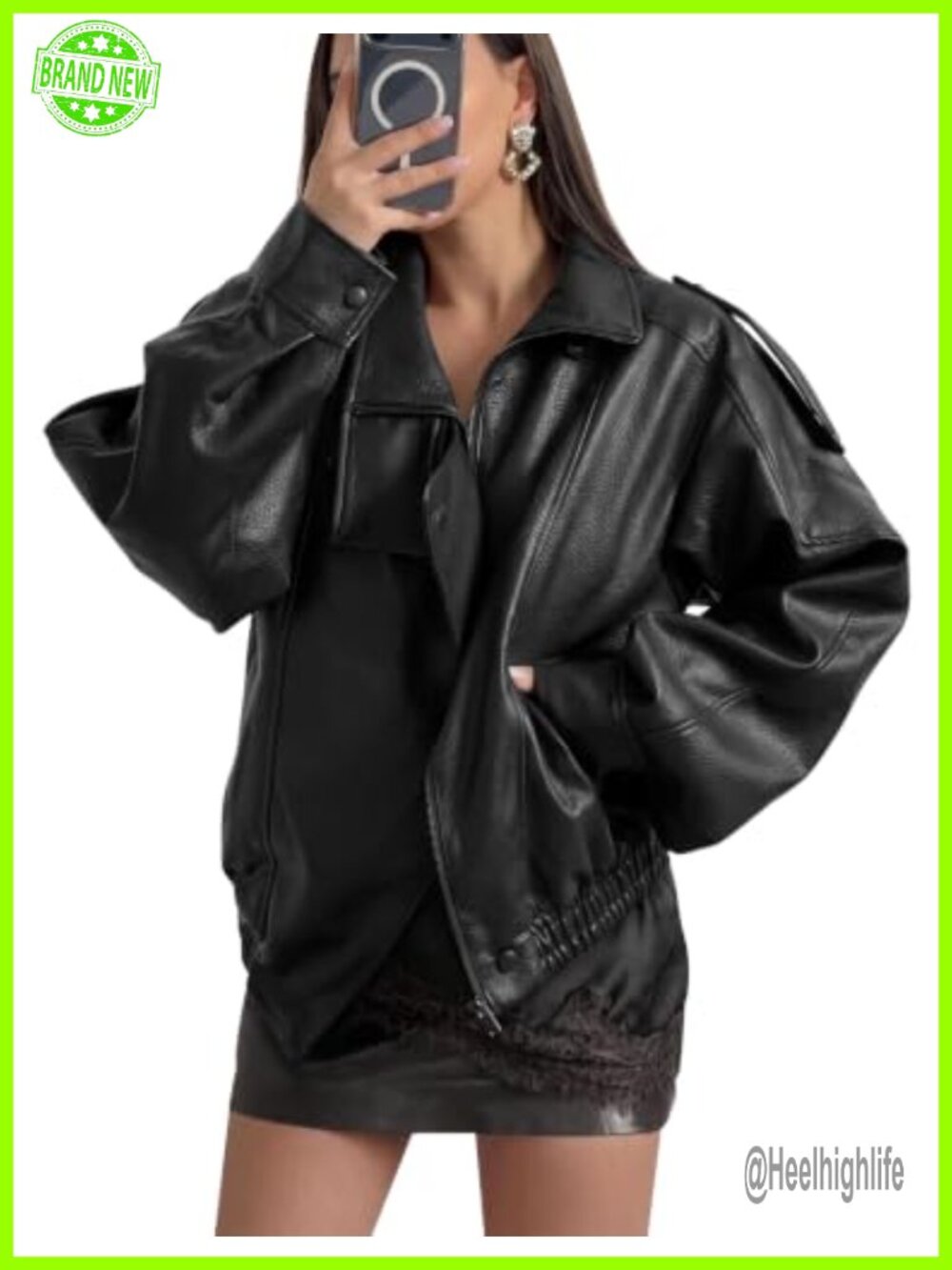 Oversized Faux Leather Jacket Funnel Neck Bomber